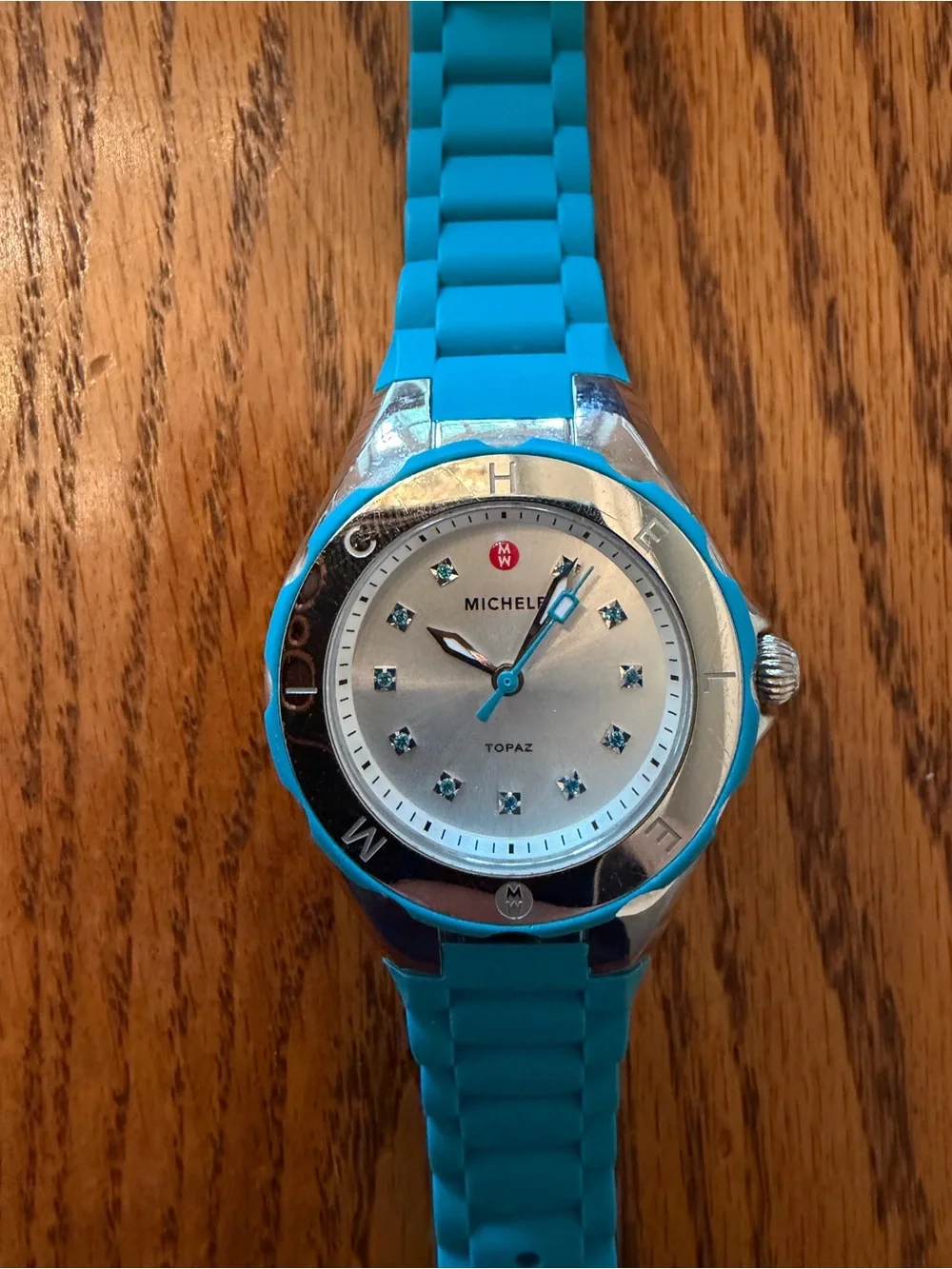 Michele Turquoise Blue Silicone Strap Crystal Accent Watch